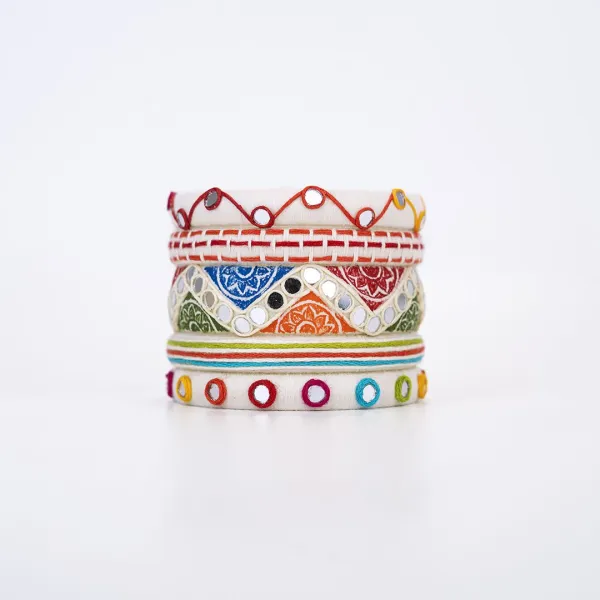 Rangoli Mini Mirrorwork Thread Bangles - White